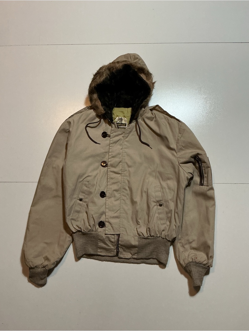Vintage 70s 80s Sentinel YKK Zip Faux Fur Hooded Khaki Military Bomber Jacket